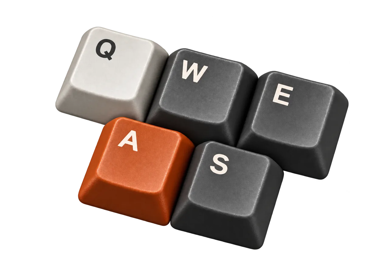 Angled Q, W, E, A, and S keycaps in staggered keyboard rows, with an orange A key